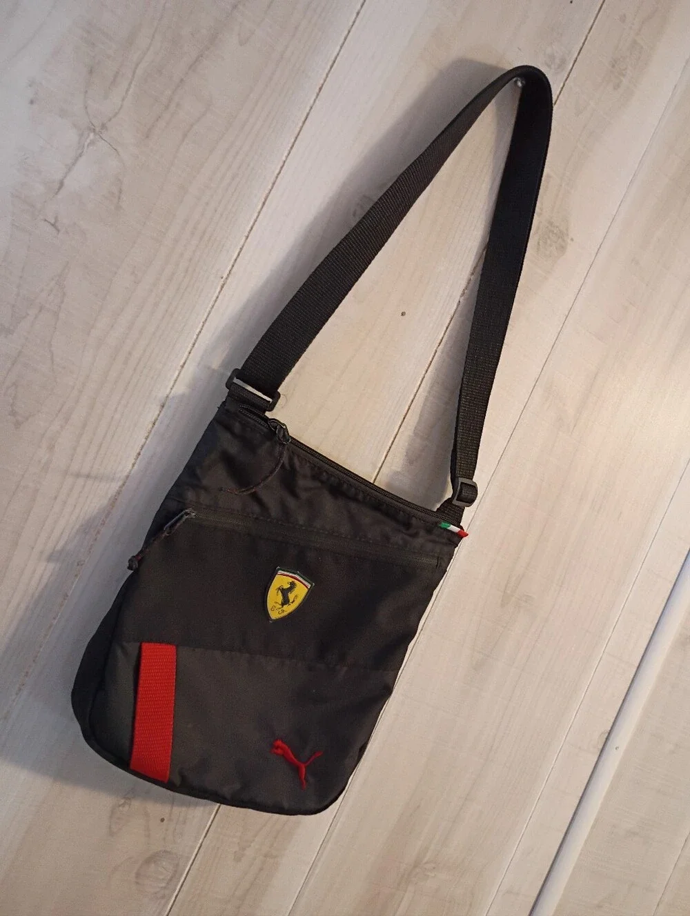 PUMA Scuderia Ferrari Adjustable Crossbody Black Shoulder Bag with Red Accents